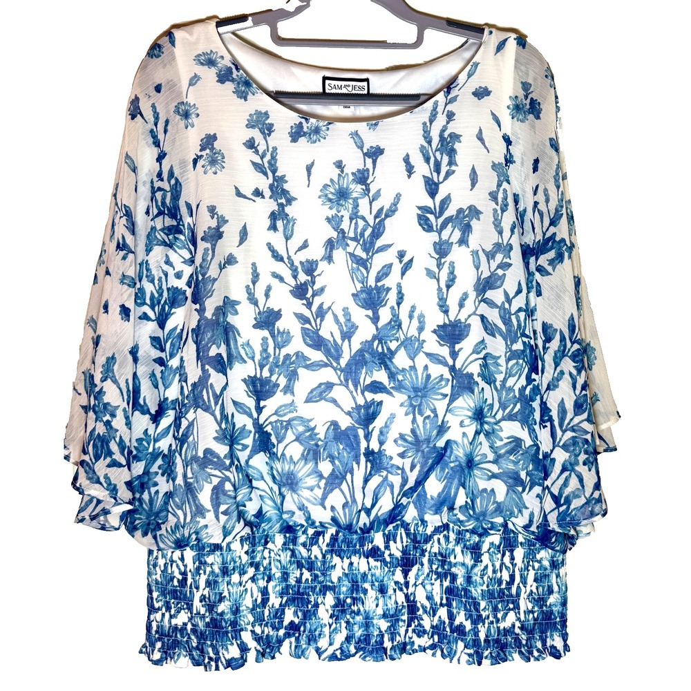 Sam & Jess Women's Large NWT Blue & White Floral Print Blouse w/ Elastic Waist